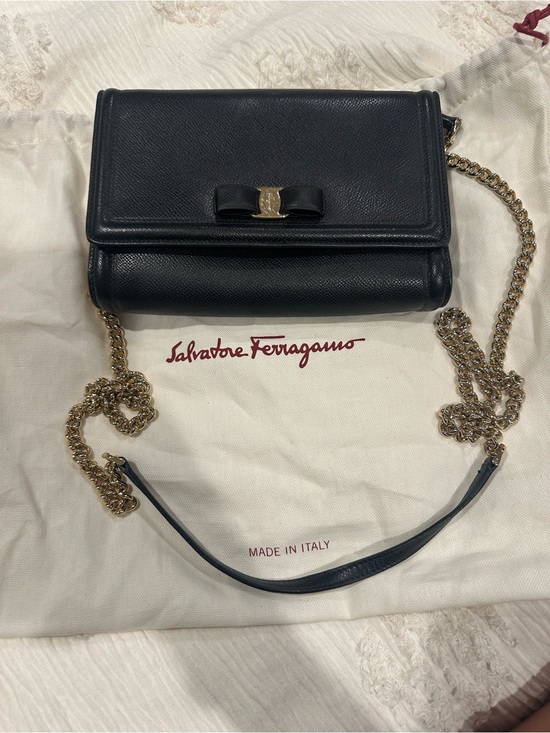 Salvatore Ferragamo Handbags - Salvatore Ferragamo Black Leather Vara Bow Crossbody with Gold Chain